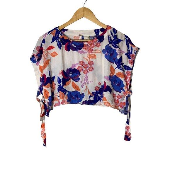 Free People Floral PRINT  Boho Crop Blouse Top Women Size Medium - Picture 1 of 6